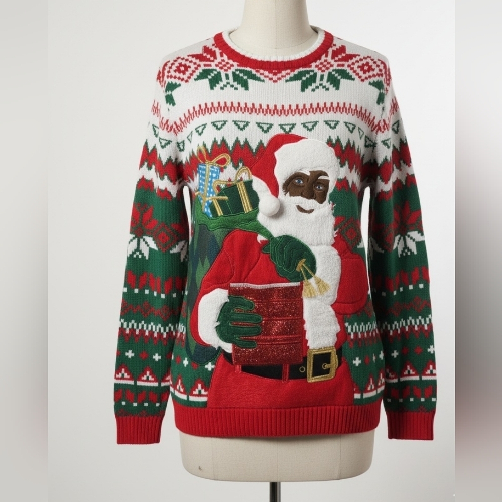 Ugly Christmas Sweater Santa Claus African American 3D Appliqué Knit Acrylic XL